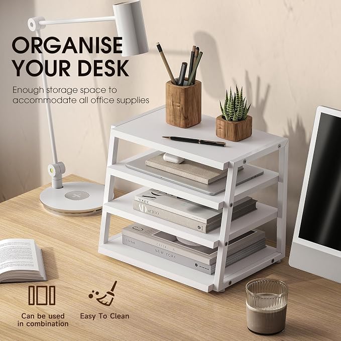 Fenge Desk Shelf Organizer, 4 Tier Desktop Shelf, Wood and Metal Office Shelves, Corner File Organizer for Office Supplies, Top of Desk Organizers and Accessories