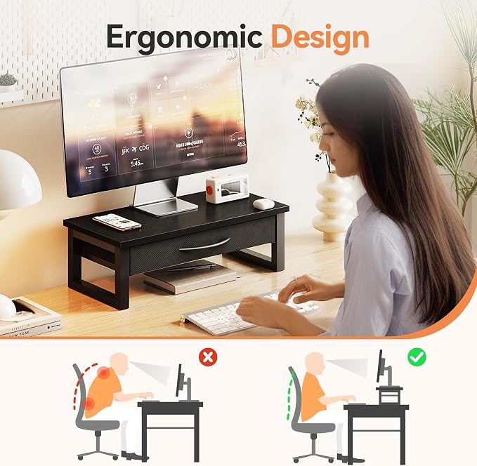 Computer Monitor Stand Riser, Desk Organizers and Accessories with Drawer, 2-Tier Laptop Stand for Desk, Office Organizer Storage, Wood