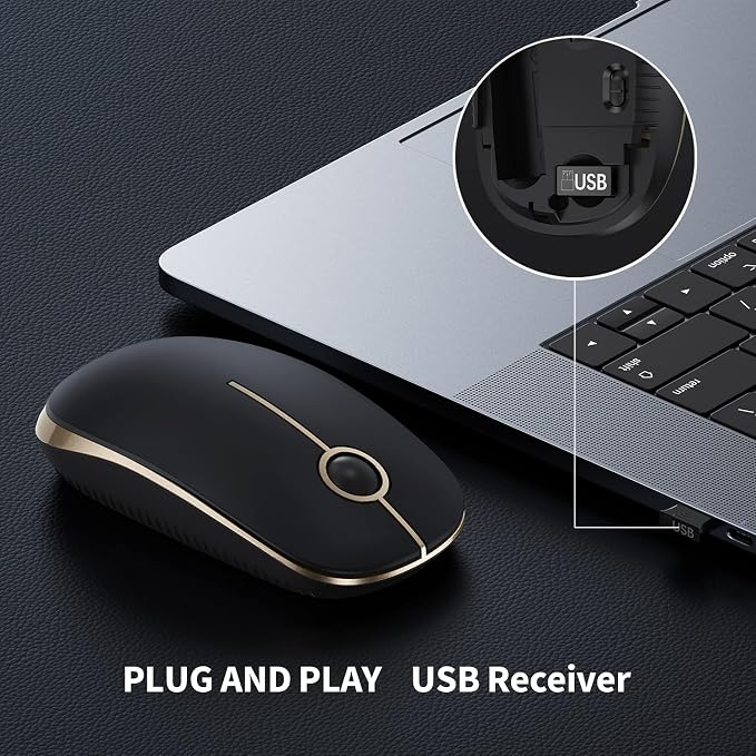 VssoPlor Wireless Mouse, 2.4G Slim Portable Computer Laptop Mouse with Nano Receiver Quiet Silent Optical Mice for Notebook, PC, Laptop, Computer-Black and Gold