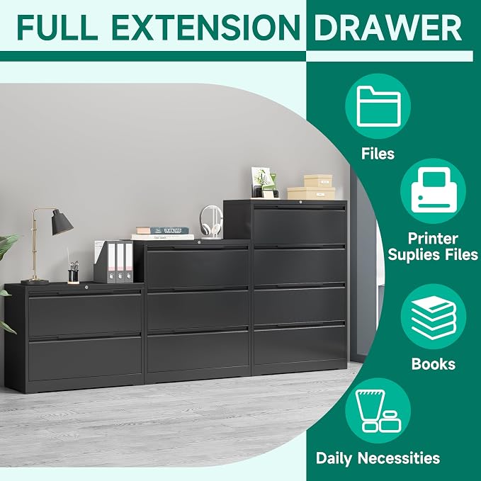 Metal Steel Filling Cabinets for Home Office - 4 Drawer Lockable Lateral File Cabinet for Hanging Files Letter/Legal/F4/A4 Size, Assembly Required - Black
