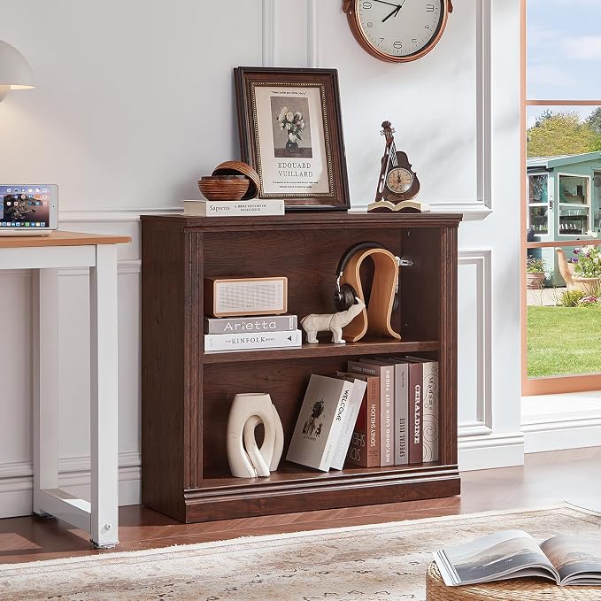 RWYHG 30" Walnut Bookshelf Set of 3,2-Tier Thick Wood Book Shelf with Adjustable Shelve,Free Standing Farmhouse Bookcase with Open Display Storage,Floor Vintage Bookshelves for Living Room,Office