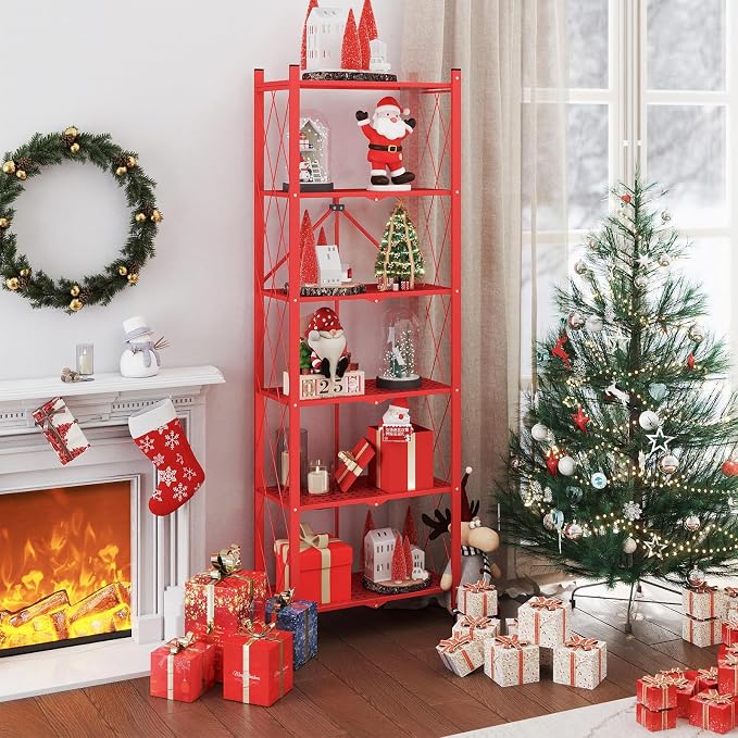 ALANNG 73.6 Inch Folding Bookshelf, 6 Tier Metal Bookcase and Bookshelves, Tall Shelves for Living Room Office Bedroom, Heavy Duty Book Shelve Free Standing Open (Red, 2PACK)
