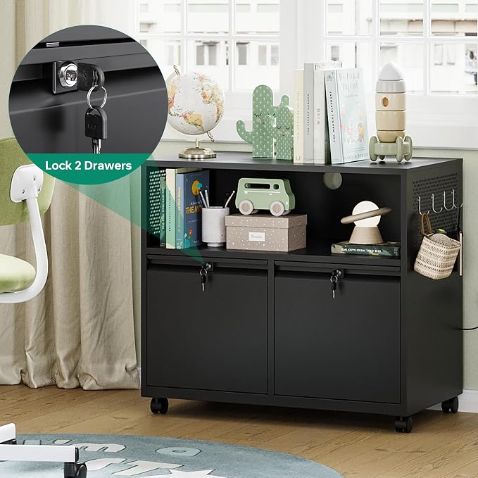 Letaya Mobile 2 Drawer File Cabinet with Lock, Metal Lateral Printer Stand Filing Storage Cabinets with Shelves for Home Office-A4/F4/Letter (Black)
