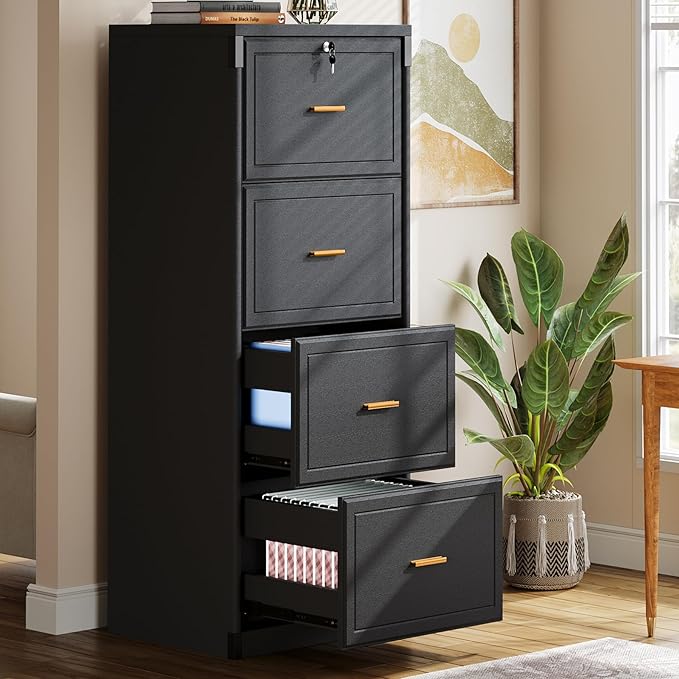 Tribesigns 4-Drawer File Cabinet with Lock, Locked File Cabinet with Key, Tall Wooden Filing Cabinets for Home Office, Vertical Office Storage for Legal Size/Letter/A4/Files, Black
