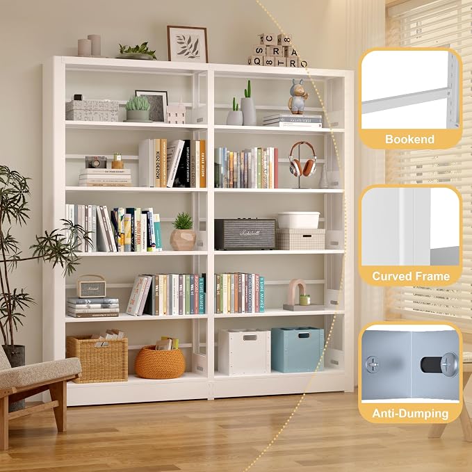 5-Tier Industrial White Metal Bookshelf - Freestanding Tall Storage Organizer for Living Room & Home Office, BSJ175-2
