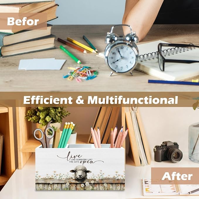 DILSJ Sheep Inspirational Pen Pencil Holder Organizer for Desk, Sheep Gifts, Live Like Someone Left the Gate Open Wooden Box Signs for Home Office Desk Tabletop Decoration