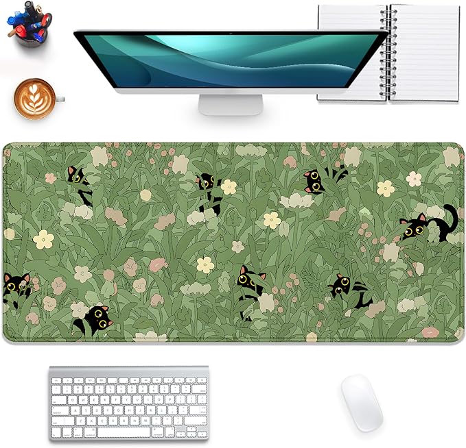 Cute Cats Desk Pad Mouse Pad,Sage Green Plants Flowers Floral Mouse Mat Large,Stitched Edges Non-Slip Waterproof Rubber Base Mous Mat for Office Home Work Gaming(27.5X11.8 in)