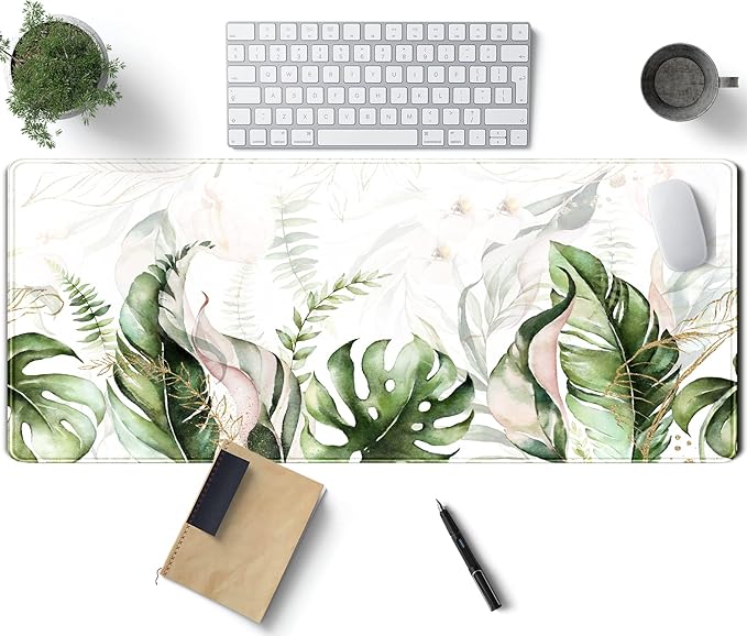 Green Tropical Leaves Desk Mat XL Large Gaming Mouse Pad Green Sage Plant Laptop Keyboard Mouse Mat Office Supplies Desk Decor Accessories for Women, Desk Mats Pads on top of Desks, 31.5x11.8 in
