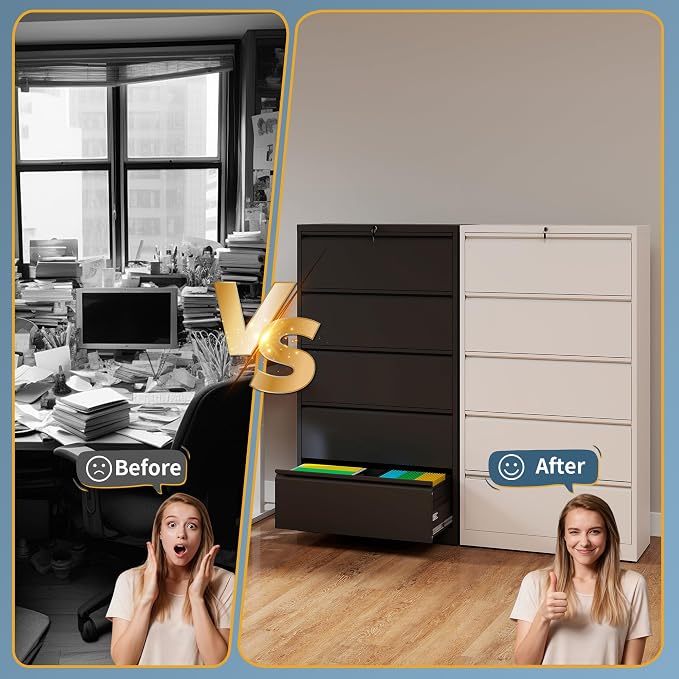 5 Drawer File Cabinet with Lock, Lateral Filing Cabinets, Metal Storage Filing Cabinets for Home Office, Heavy Duty File Cabinet for Letter/Legal/A4/F4 Size Assembly Required, Black