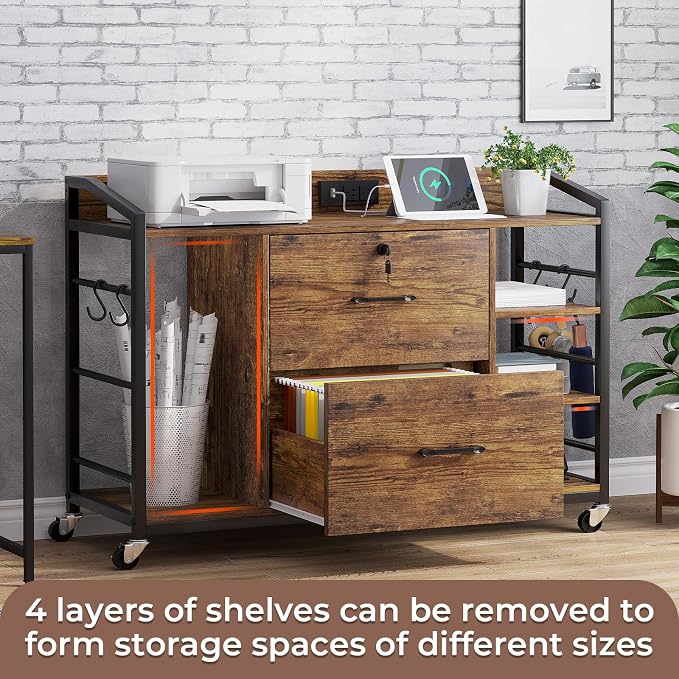 SEDETA 44" File Cabinet, Filing Cabinet fits Legal/Letter Size, 2 Drawer File Cabinets for Home Office with Lock, Power Strip, 6 Storage Shelves, Rustic Brown