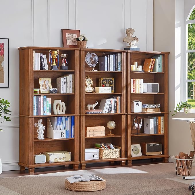 SAVOR LIFE 70" Tall Brown Bookshelf,5 Tier Wooden Book Shelf with Adjustable Shelves & Wood Legs,Free Standing Farmhouse Bookcase with Open Display Storage,Vintage Bookshelves for Classroom, 3PCS