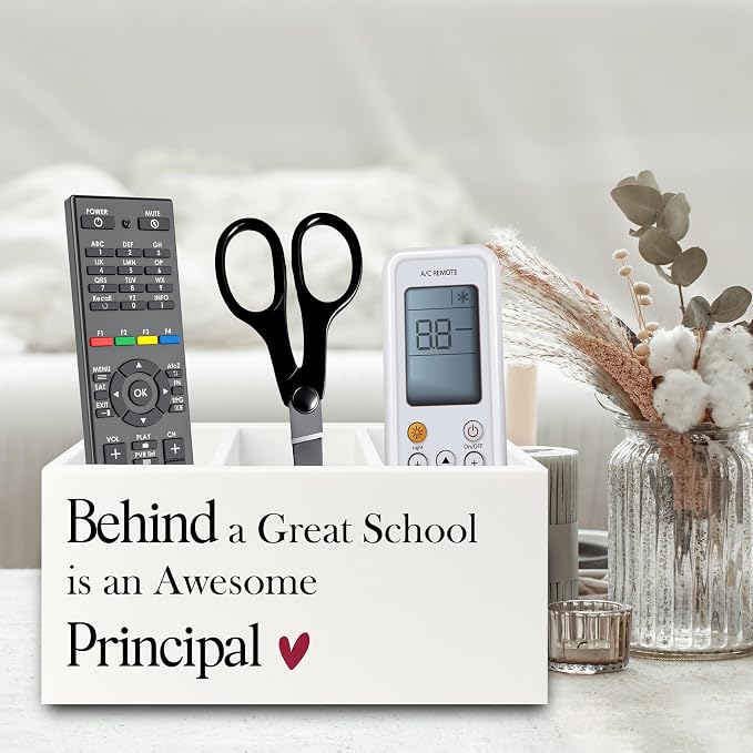 Principal Gifts Pen Pencil Holder Organizer for Desk, Gifts for Principals Women Men, Behind a Great School Is an Awesome Principal Wooden Box Sign for Office Workplace Desk Tabletop Decorations