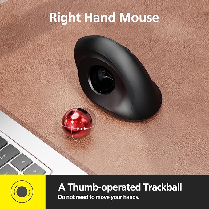 MicroPack Trackball Wireless Mouse, Upgrade Right Hand Ergonomic Mouse with Wireless Vertical Rollerball Computer Mouse, 3 Adjustable DPI, Easy Thumb Control for PC, Laptop, Mac, Windows - Black