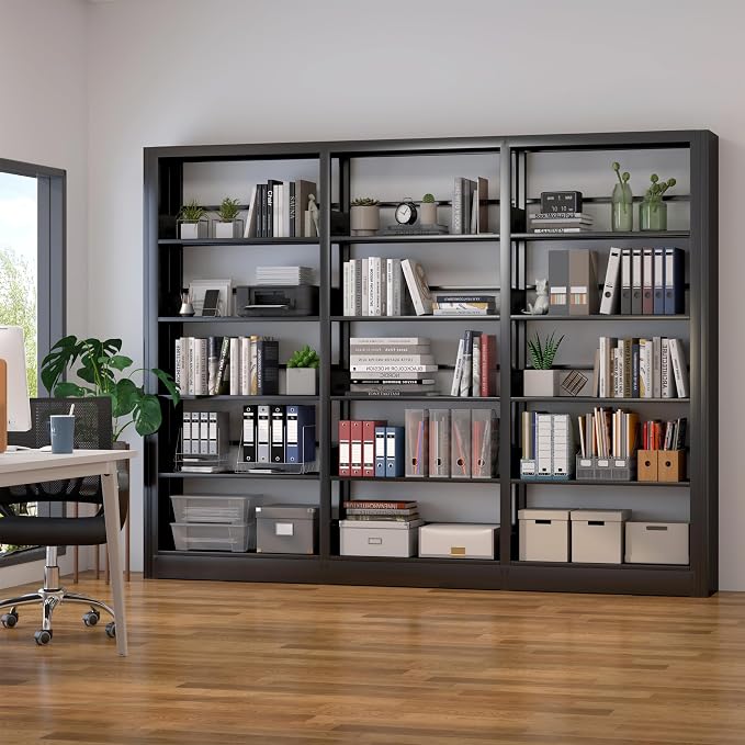 5-Tier Industrial Bookshelf, Black Bookcases and Bookshelves,Tall Metal Book Shelf Storage Organizer, Freestanding Bookshelf for Living Room,Home Office (Black, Shelf-3)