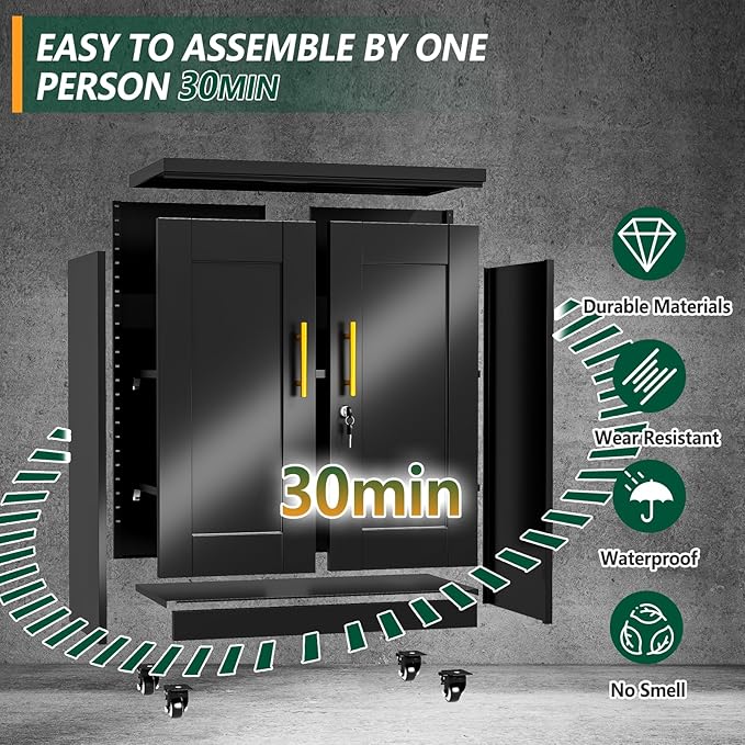 winiowa Tall Metal Storage Cabinet with Lock, Locking File Cabinet with 2 Doors and 2 Adjustable Shelves, Black Lockable Organizer for Home Office Garage（23.6" W）