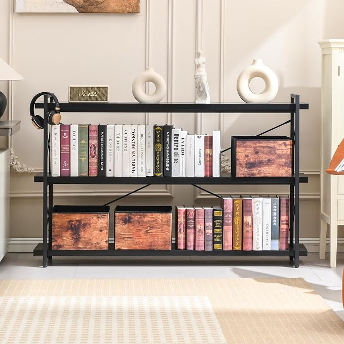 HCHQHS Bookshelf, 3-Tier Long Industrial Bookcase, Black Open Book Shelf, Freestanding Horizontal Bookshelves with Metal Frame