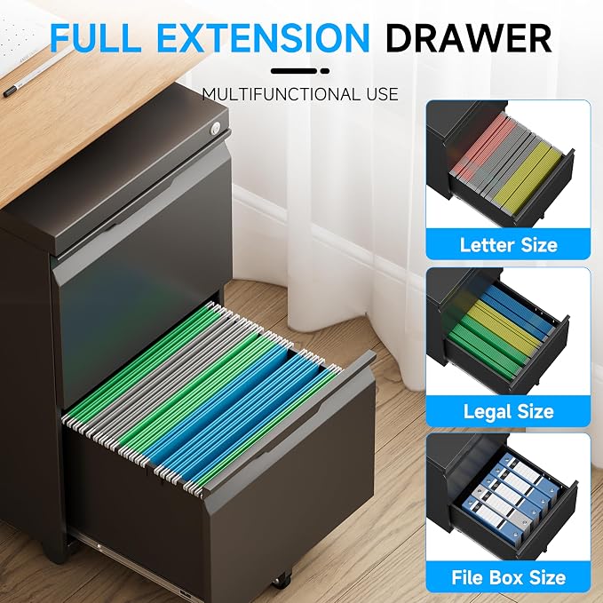 Bestoo Mobile File Cabinet with Lock, 2 Drawer Filing Cabinet, Under Desk Metal Rolling Filing Cabinets for Home Office, Fits Letter/Legal/A4 Size File, Easy Assembly