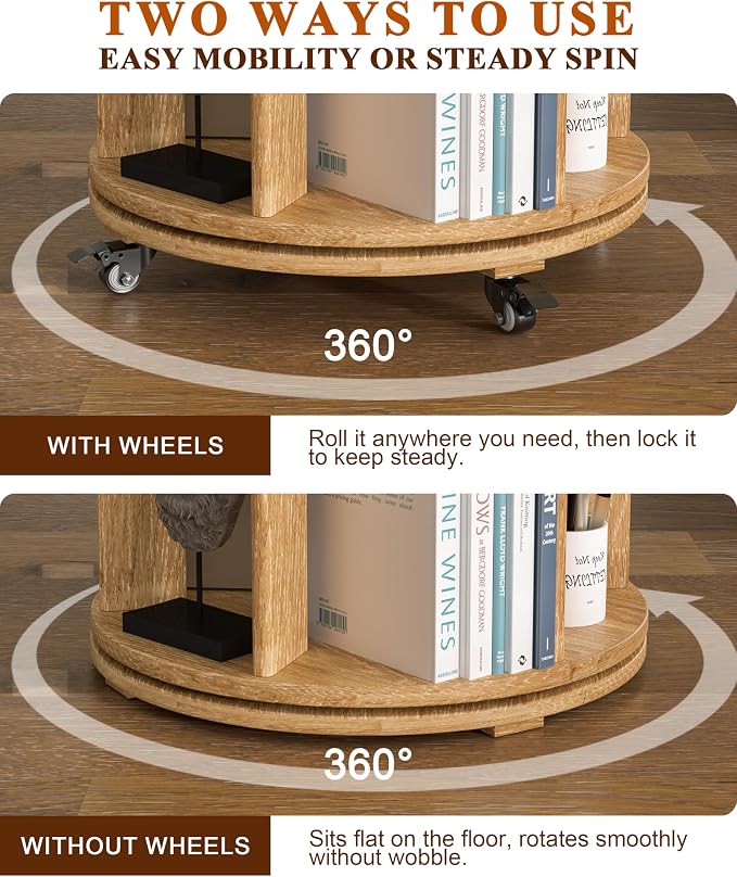 6-Tier Solid Wood Rotating Bookshelf on Wheels, 360° Spinning Book Shelf Tower, Round Revolving Bookcase Organizer, Rolling Bookshelves for Small Spaces, Corner, Bedroom, Kids Room, Office, Natural