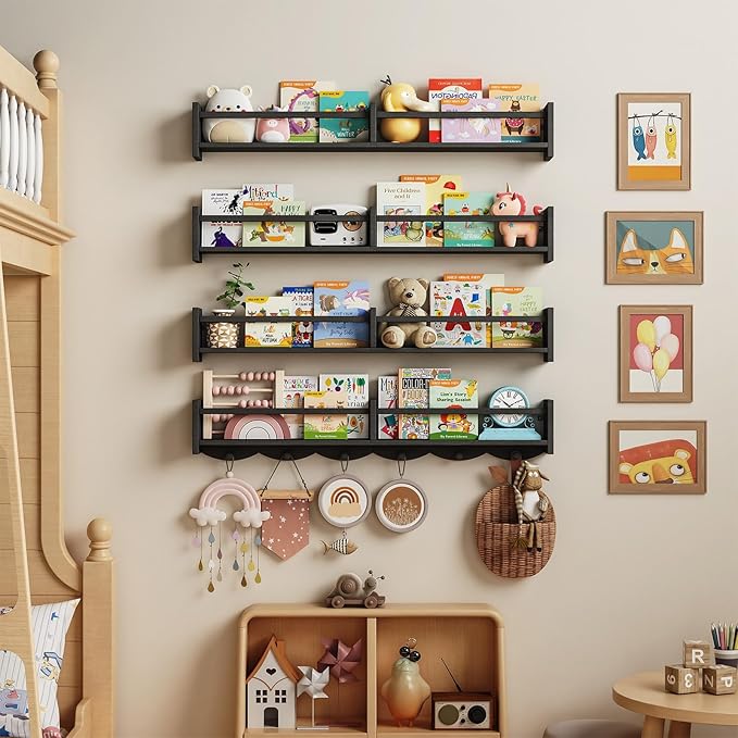 34Inch Nursery Bookshelves,Set of 4,Wall Floating Shelf Kids Coat Rack with 6Hooks,Hanging Book Shelf for Baby Nursery Room Décor ，Patent Number: 29958098(Black, 34)