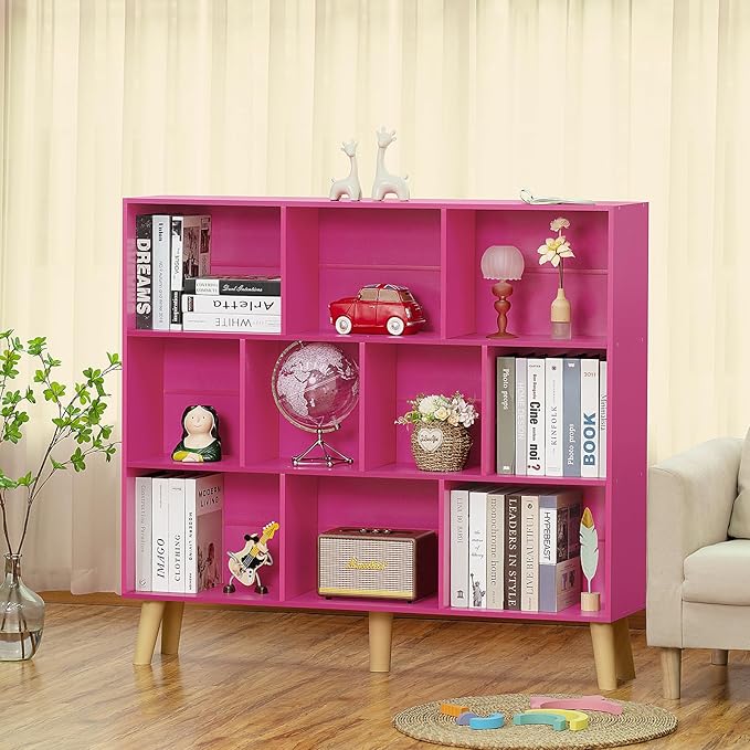 LEYAOYAO 10 Cube Bookshelf,3 Tier Modern Wide Bookcase with Legs,Mid-Century Wood Bookshelves Storage,Pink Large Book Case,Freestanding Organizer Display Shelf for Bedroom,Living Room,Office