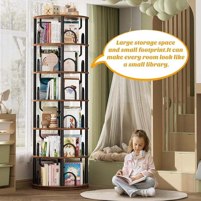 Aheaplus 6 Tier Rotating Bookshelf Tower, Revolving Bookcase, 360° Round Spinning Book Shelf, Narrow Swivel Bookshelves Vertical Turning Corner Bookshelf Organizer for Small Space, Rustic Brown