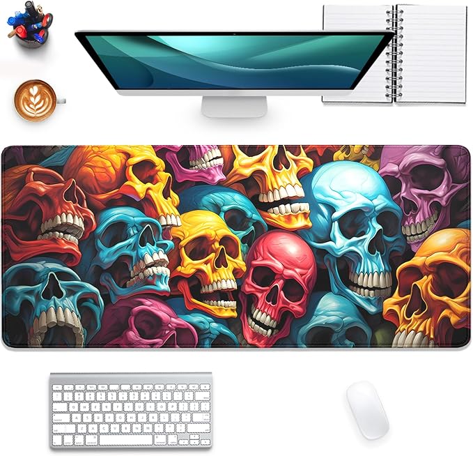 Scary Skeleton Mouse Pad Desk Pad,Colourful Skull Extended Gaming Mouse Mat with Stitched Edges Non-Slip Waterproof Rubber Base Mous Mat for Office Home Game Desk Pad(27.5X11.8 in)