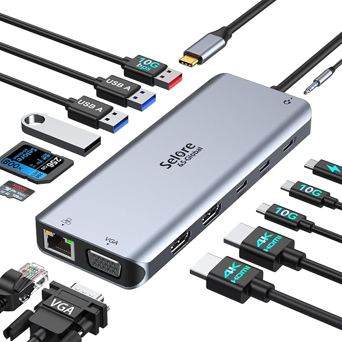 Selore USB C Docking Station Dual Monitor,Laptop Docking Station,14 in 1 Docking Station 3 Monitors with 2 HDMI,VGA,10G USB A/C,100W PD,6 USB A/C Ports,USB C Hub Multiport Adapter for Windows Laptops