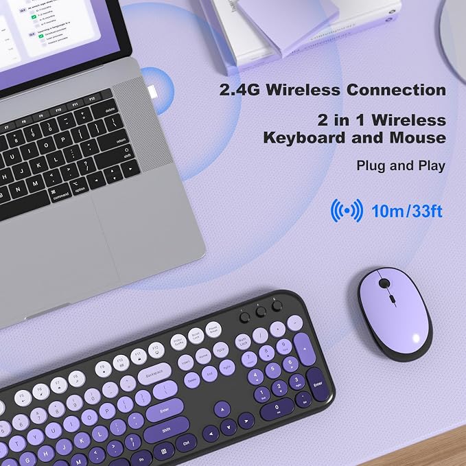 Dilter Wireless Keyboard Mouse Combo, Typewriter Full Size Keyboard and 2 in 1 USB Connected Mouse for Windows 7/8/10, Laptop, Desktop, PC, Computer (Black Purple)