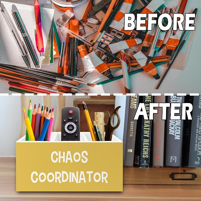 Chaos Coordinator Yellow Pen Pencil Holder Organizer for Desk, Thank You Gifts for Women Men Coworkers Boss Leader Manager, Appreciation Gifts Wooden Box Sign for Office Tabletop Decorations