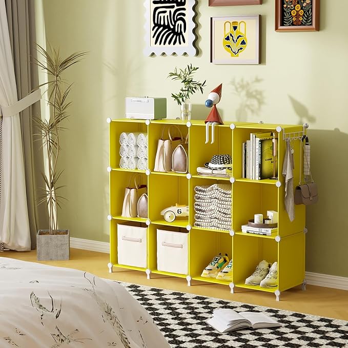 AWTATOS Cube Storage Organizer, Storage Cubes Shelves, 12 Cube Closet Organizers and Storage, DIY Stackable Bookshelf Plastic Clothes Organizer Shelving for Bedroom, Home,Yellow