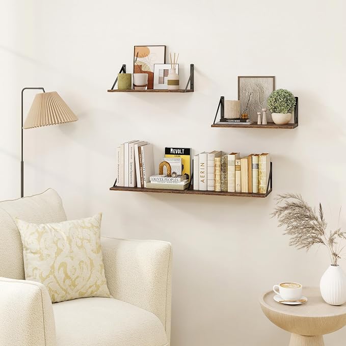 Heimlove Deep Floating Shelves for Wall, 16W x 8D Wood Wall Shelves Set of 2, Wide Floating Bookshelf for Living Room, Kitchen, Office, Bedroom and Decor Storage, with Metal Bracket - Rustic Brown