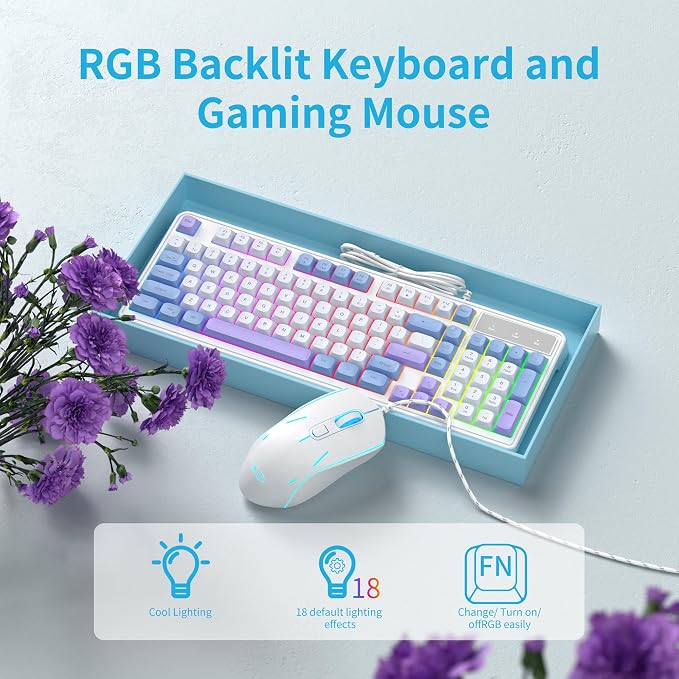 Wire Gaming Keyboard,Creamy Keyboard and Mouse Combo, 7 Colorful Rainbow Backlight Classic Gaming Keyboard (White & Blue & Purple)