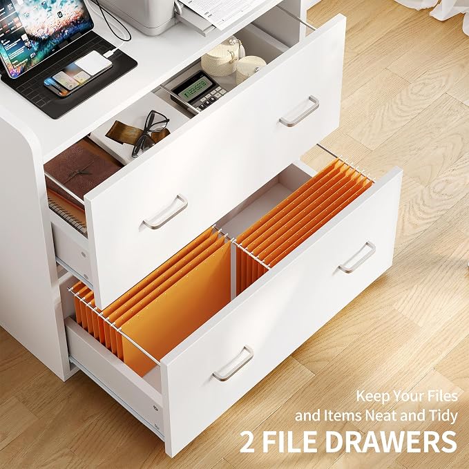 DWVO File Cabinet with Charging Station, 2 Drawer Lateral Filing Cabinet with Storage, Large Printer Stand for Home Office Living Room, Fits A4 Legal Letter Documents, White