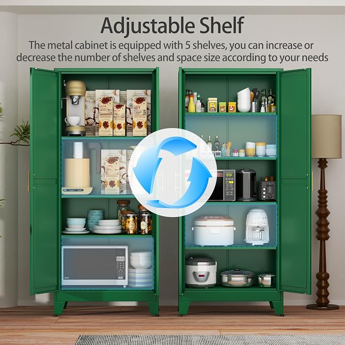 Green Metal Storage Cabinet,75" Steel Cabinets for Home Office, Kitchen Pantry Storage Cabinet with Doors and 5 Adjustable Shelves, Tool Cabinets, for Office, Home, Garage, School