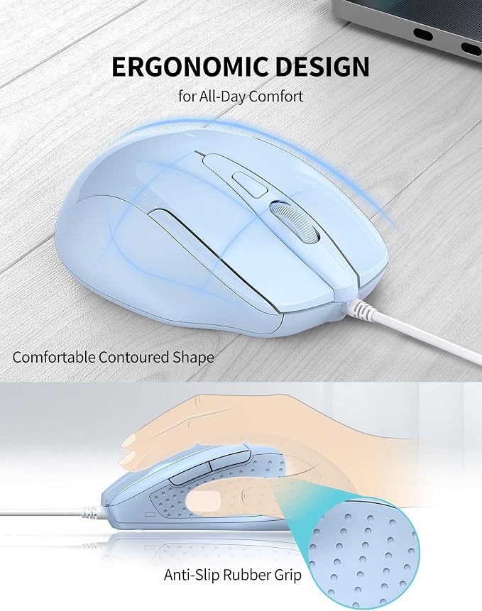 TECKNET Wired Mouse, 6-Button Corded with 4 Adjustable DPI, Optical Mouse with Ergonomic Design and 5FT Cord for Laptop, Chromebook, PC, Desktop, Mac, Notebook - LT.Blue