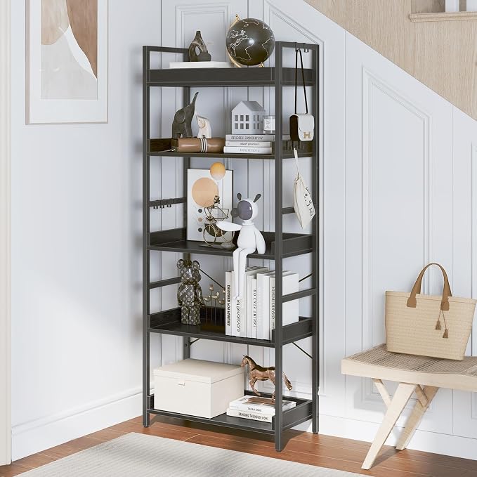 HCHQHS 5 Tier Bookshelf, Adjustable Industrial Bookcase, Vertical Tall Book Shelf, Wood and Black Metal Open Bookshelves for Home Office, Living Room, Bedroom