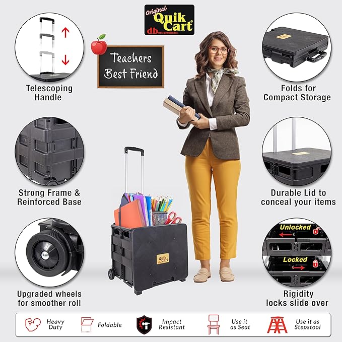 dbest products Quik Cart Collapsible Rolling Crate on Wheels for Teachers Tote Basket 80 lbs Capacity, Made from Heavy Duty Plastic Used as a Seat, Black