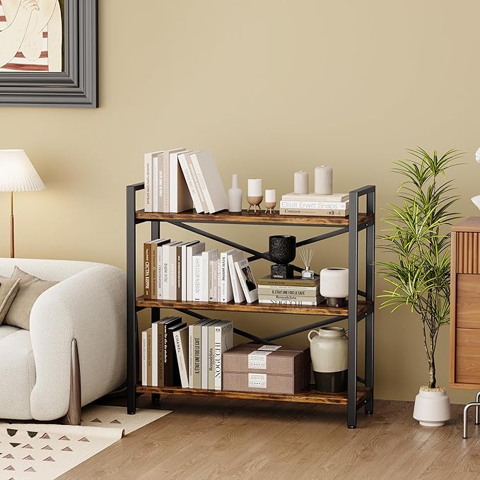 3 Tier Bookshelf 31.49" Width, Wood and Metal Etagere Bookcase, Vintage Farmhouse Modern Wooden Big Book Shelf for Home Living Room Bedroom Office Storage(Rustic Brown)
