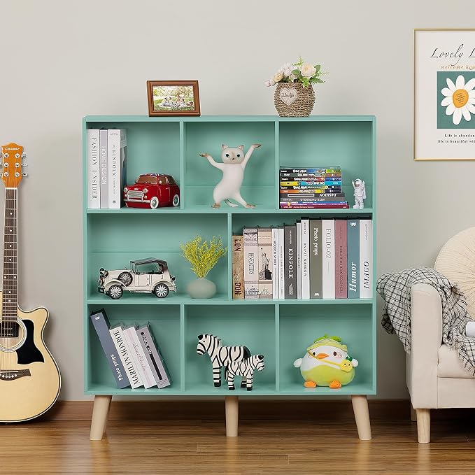 LEYAOYAO 8 Cube Bookshelf 3-Tier Bookcase with Legs, Mint-Green Kids Book Shelf Cute Storage Organizer, Large Open Toy Shelves Modern Bookshelves,Display Bookcases for Bedroom,Living Room,Nursery