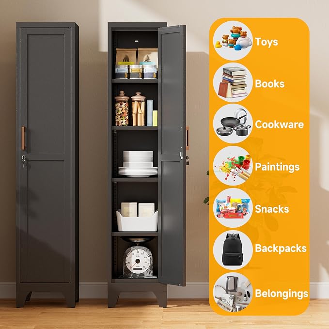 67"H Black Metal Locker with 1 Lockable Door and 4 Adjustable Shelves For Employees, 5 Tier Thin Storage Cabinet with Detachable Legs and Gold Handle for Kitchen,Office,Gym,School,Easy Assembly 2Pcs