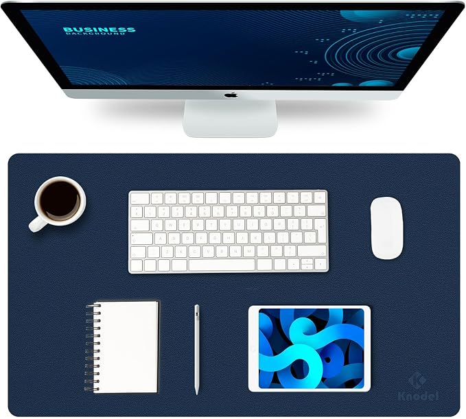 K KNODEL Small Office Leather Desk Mat, Mouse and Keyboard Pad, Computer and Laptop Mat, Desktop Protector and Cover, Writing Pad and Blotter (23.6"x13.8", Dark Blue)