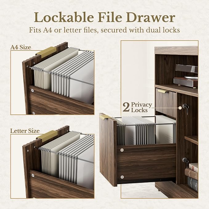 4 Drawer File Cabinet, Fluted Wood Lateral Filing Cabinet with Lock and Charging Station for Home Office, Printer Stand with Open Storage Shelves, Fits A4, Letter Size, Black Waulnut