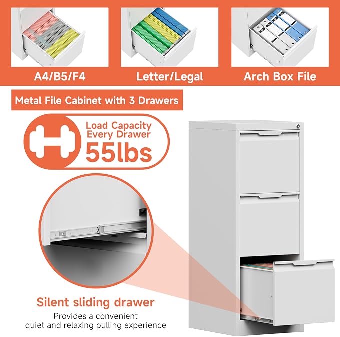 3 Drawer File Cabinet with Lock,Vertical Filing Cabinets for Home Office,Heavy Duty Metal File Cabinet for Hanging A4/Letter/Legal Size File,Vertical File Cabinet 15" W X 17.8" D X 38.3" H-White