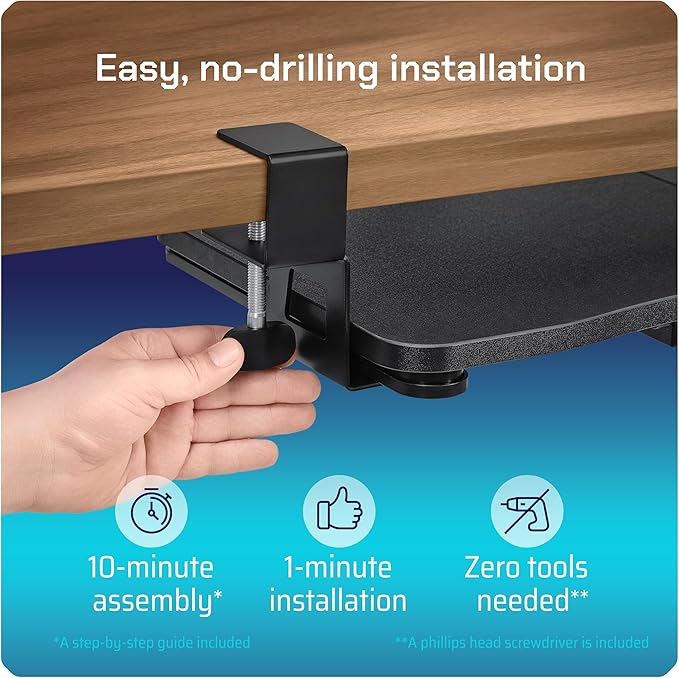 Keyboard Tray | Under Desk Keyboard Tray Slide Out w/Adjustable C-Clamps for Desks Up to 1.5-Inch-Thick | Clamp On Drawer with 1x USB-C to 4 USB-A Hub and 1x Five-Cable Management Organizer
