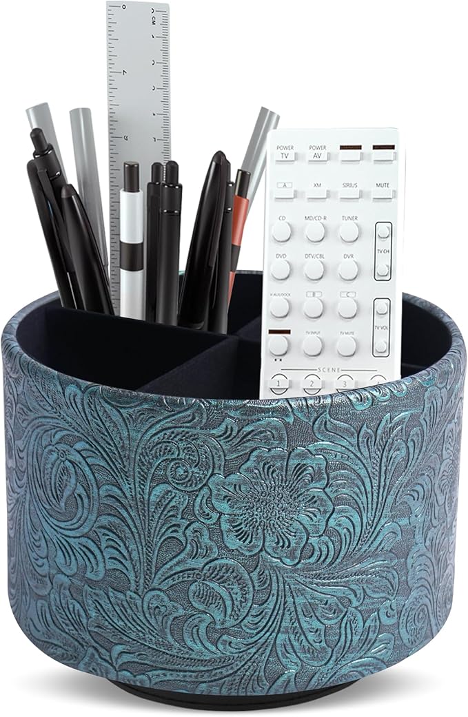 lizimandu Round Leather Art Supply Organizer,Remote Control Holder,360 Degree Spinning,Multi-Functional Pencil Holder,4 Compartments Desktop Stationary Organizer(1-Carved Metal Green3)