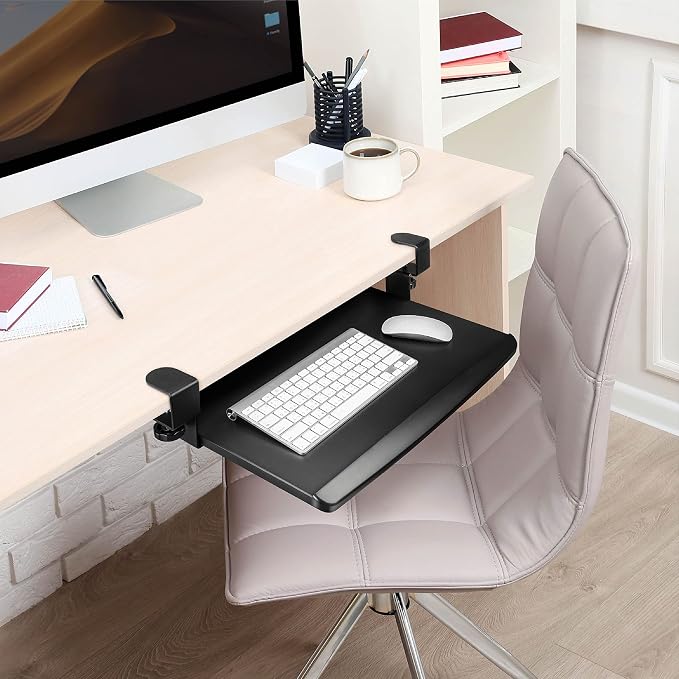 EHO Prime Desk Clamp Keyboard Tray, Under Desk Sliding Retractable Drawer, Ergonomic Space-Saving Platform for Standard Keyboards, Large 20" x 11.5" Workstation Extension