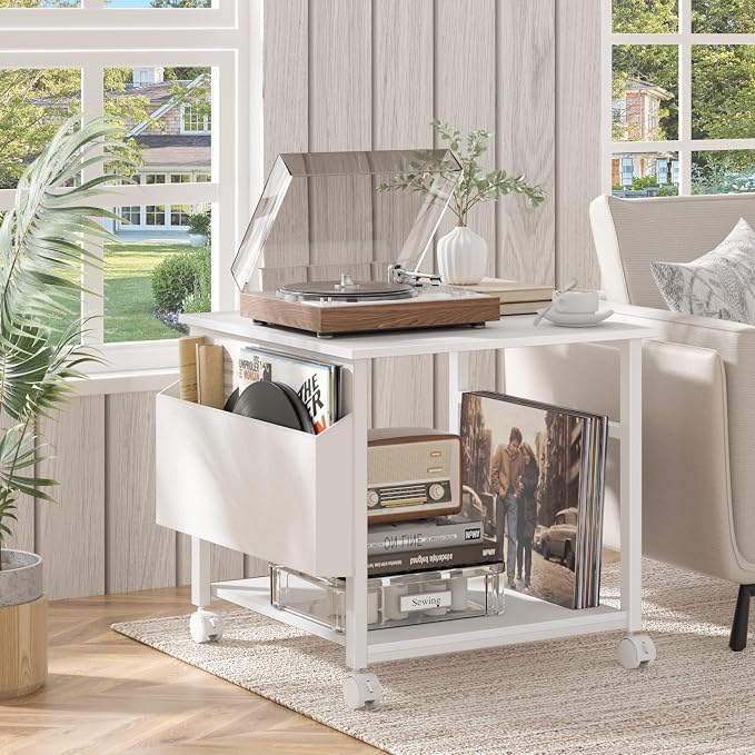 Lerliuo Large Printer Stand with Storage Shelf, 23.6 x 23.6 x 22.8 Industrial Printer Table for Home Office, Rolling Printer Cart Holder with Lockable Wheels, Mobile Mini Fridge Stand Table (White)