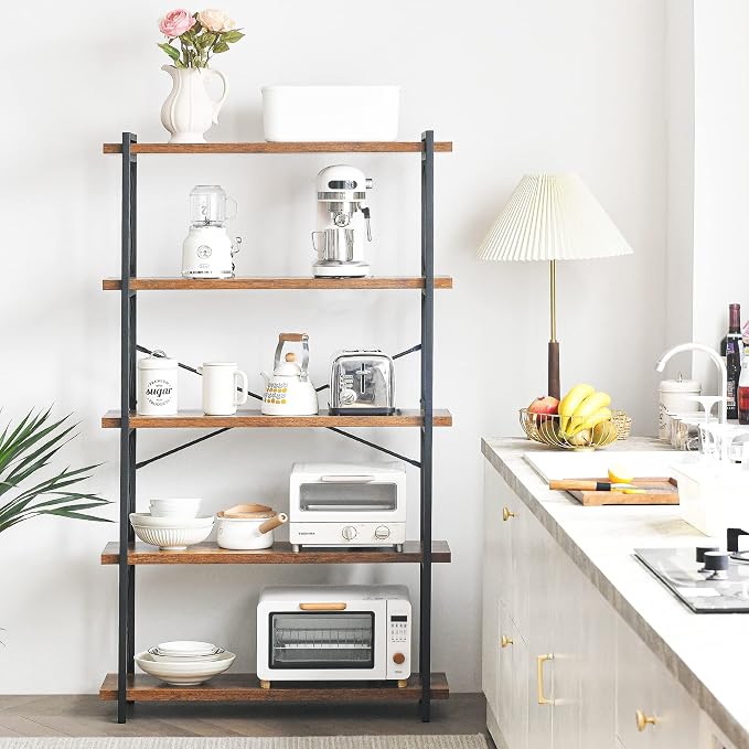 HCHQHS Bookshelf, 5-Tier Industrial Bookcase, Rustic Open Book Shelf, Freestanding Tall Bookshelves with Metal Frame