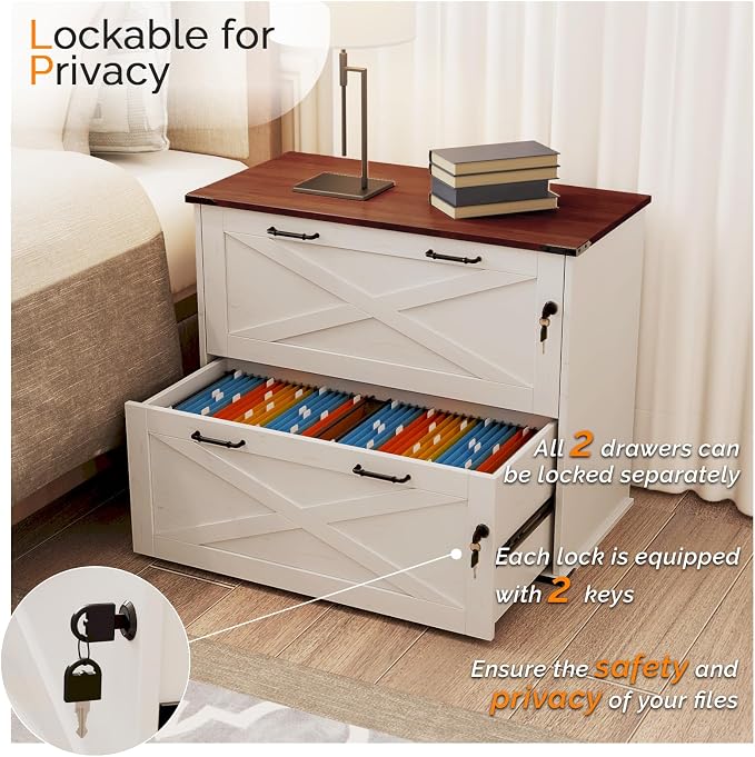 VINGLI 2 Drawer File Cabinet with Lock, Home Office Filing Organizer, for Letter Legal A4 Size File Folder Storage, Modern Farmhouse, Wood Lateral Filing Cabinet, Archivador (Rustic White & Brown)