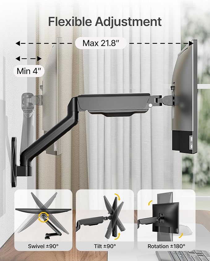 monTEK Single Monitor Wall Mount for 17 to 32 inch Flat/Curved Screens, Holds to 19.8 lbs, Full Motion Adjustable Mechanical Spring Monitor Arm, 75x75/100x100 VESA Wall Mount, Black